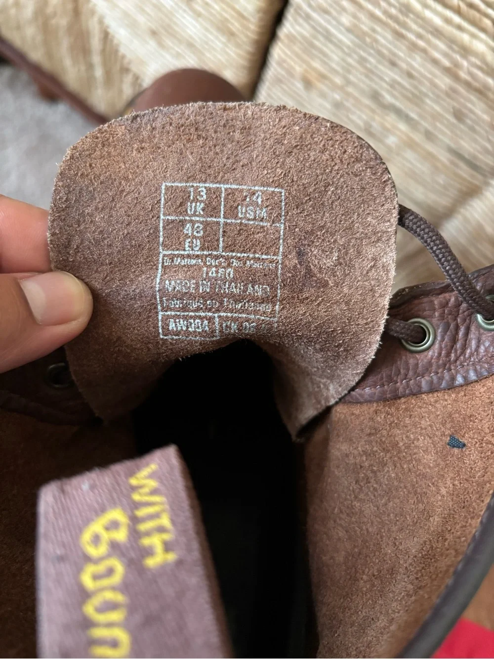 Dr. Martens Brown Leather 8-Eye Lace-Up Boots with Yellow Stitching